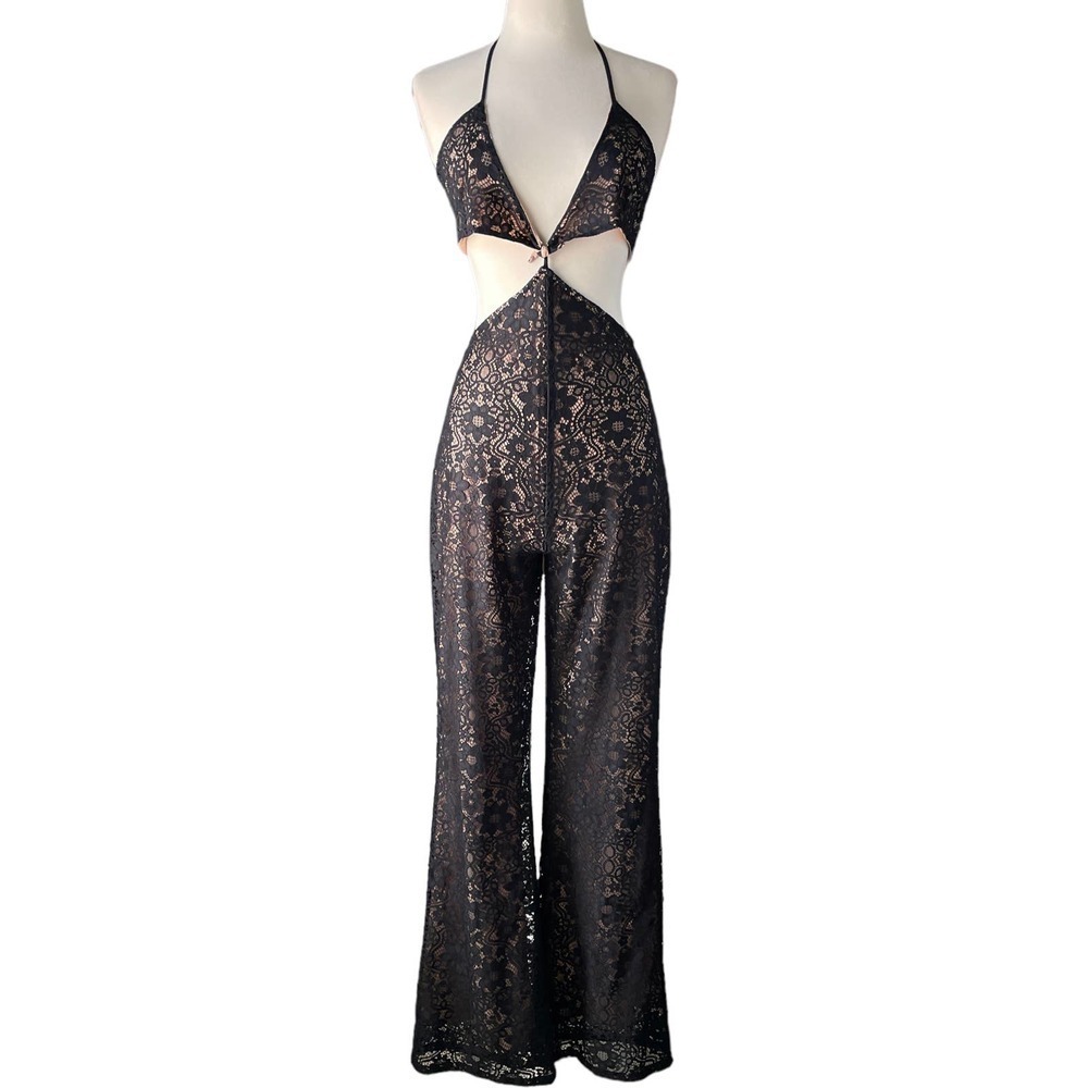 For Love & Lemons Summer Love Jumpsuit Size S Lace Black Halter Open Back